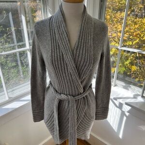 KENAR soft silver gray long wrap cardigan ribbed collar